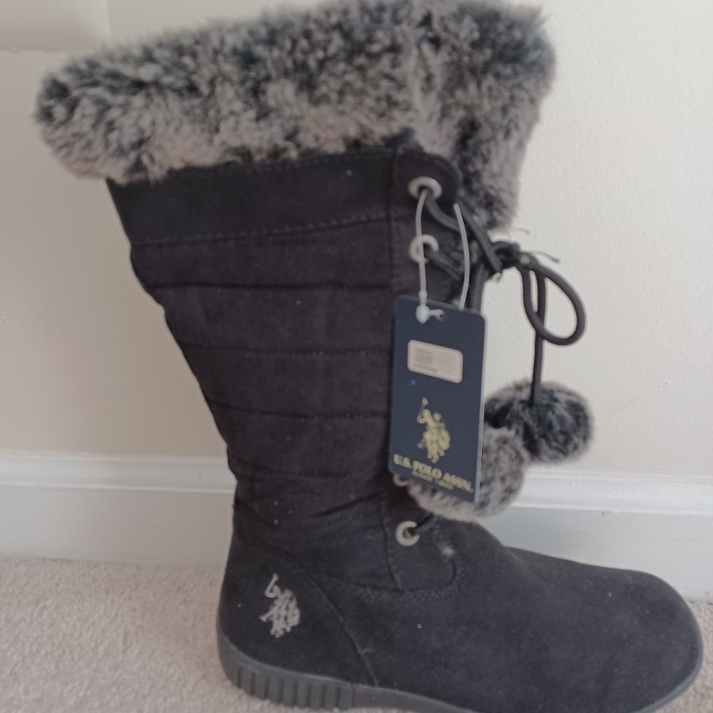 New U.S. Polo Assassin Danica Faux Fur Quilted Calf High Boots Gray Size 8M